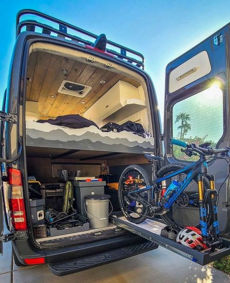 van layout with built in mountain biking storage Van, Vans, Camper, Caravans, Campervan, Camping, Instagram, Camper Van Life, Van Camping