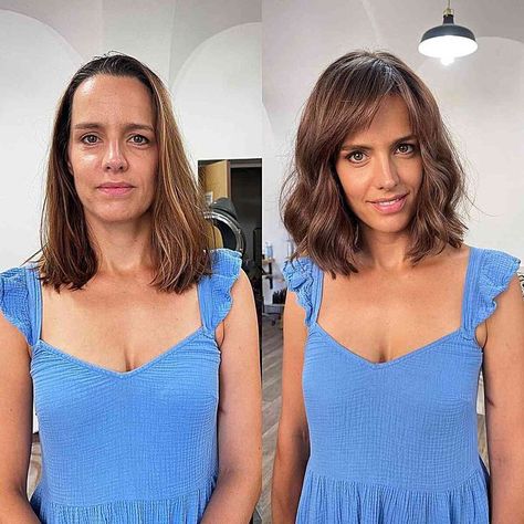 Sweeping Fringe for a Mid-Length Cut and Women with Large Foreheads Balayage, Haircut For Big Forehead, Haircut For Long Forehead For Women, Haircut For Thick Hair, Haircuts For Round Faces, Thick Bangs, Bangs For Round Face, Thinning Hair Women, Thick Hair Styles