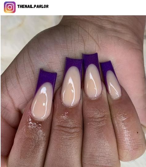Gradient Nails, Acrylics, Purple French Manicure, French Tip Nails, French Tip Acrylic Nails, Purple Acrylic Nails, Purple Tips, Polka Dot Nail Polish, Nails First