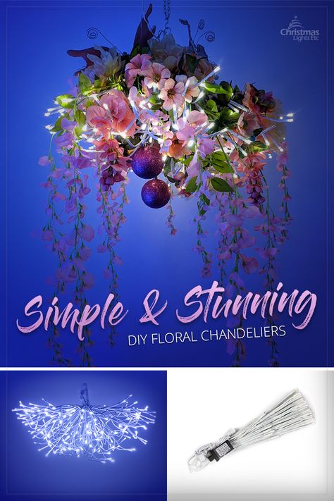 When you see this finished DIY chandelier bursting with spring flowers it’s hard to believe it started so small! This decorating project is incredibly easy, budget friendly, and  absolutely stunning day or night. Just bend the lighted branches into the shape of a chandelier and then add silk floral stems! You could add a DIY chandelier to your home decor for a pop of color and texture in any room, or hang it out on your patio, porch, or deck for a touch of glamour while dining al fresco. Floral, Decoration, Diy, Flower Chandelier Diy, Diy Chandelier, Lighted Branches, Floral Chandelier Diy, Starburst Chandelier, Diy Christmas Light Chandelier