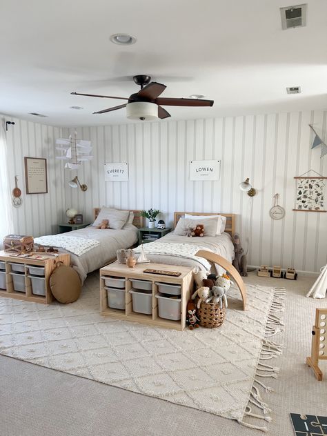 Heres our boys shared bedroom reveal! I adore how the wallpaper from Livette’s Wallpaper has made such an impact. Toddler Boy Room Ideas, Toddler Shared Bedroom Boy And Girl, Kids Bedroom Boys, Boys Room Ideas Shared, Twin Boy Room Ideas, Toddler Boy Room Decor, Boy Bedroom Design For Kids