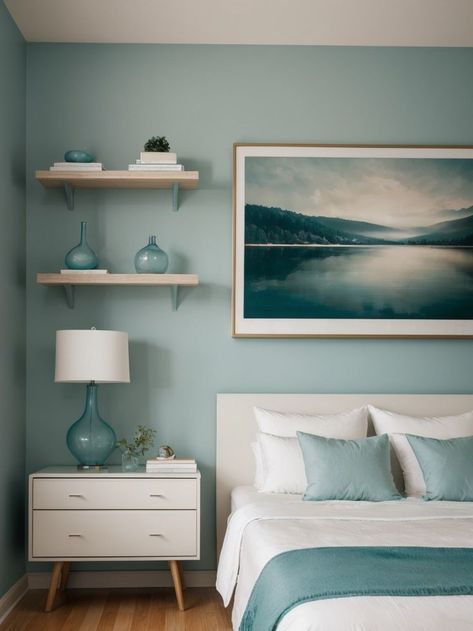 Soothing and Serene: Teal Bedroom Decor Ideas Showcase your artistic side by turning your bedroom into a gallery-like space with wall-mounted shelves to display your favorite artwork or sculptures. #TealIdeas #TealDesign Inspiration, Dorm, Future, Deco, Haven, Makeover, Bedroom Colors, Bedroom Paint Design