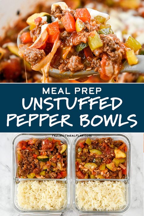 These Meal Prep Unstuffed Pepper Bowls are loaded with flavor and packed with veggies like zucchini, onion, tomatoes, and peppers, of course! Pair with your fave rice or other side for the perfect make-ahead lunch! ProjectMealPlan.com Meals, Meal Planning, Meal Prep, Cook Smarts, Budget Meals, Make Ahead Lunches, Lunch, Unstuffed Peppers, Health Dinner