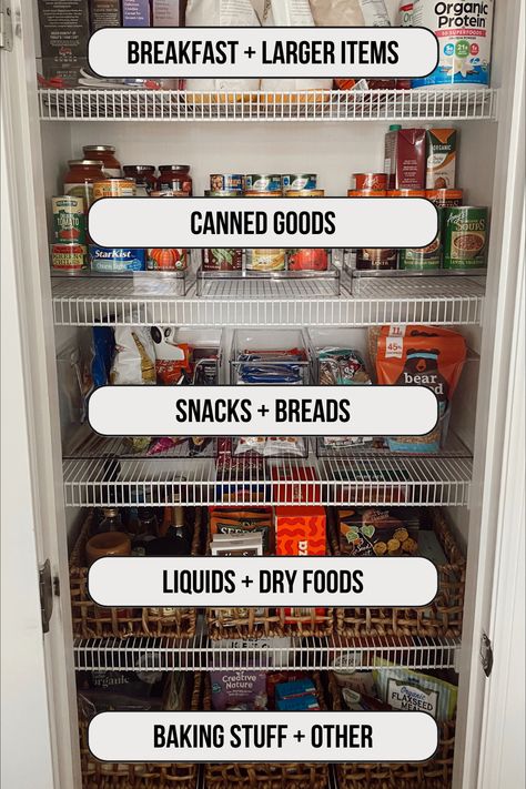 Here's How to Organize a Pantry With Wire Shelves (Free Worksheet) Organisation, Food Storage, Organisations, Organize Food Pantry, Organizing A Pantry, Snack Organization Ideas Small Space, Pantry Canned Goods Organization, Organized Pantry, Pantry Organisation