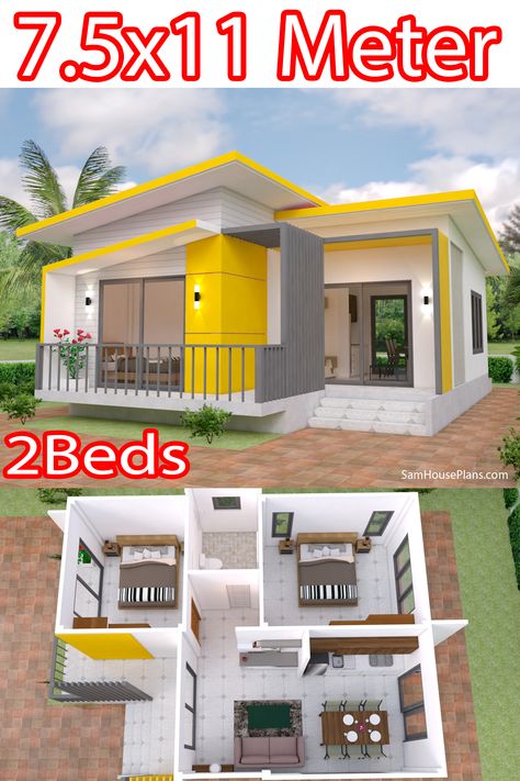 House Plans 7.5x11 with 2 bedrooms Full Plans 2 Bedroom House Plans, 1 Bedroom House Plans, 2 Bedroom House, 2 Room House Plan, 2 Bedroom House Design, Small House Design Plans, House Layout Plans, Small House Floor Plans, One Bedroom House Plans
