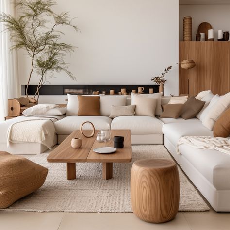Modern Japandi living room, natural wood, beige and tan accents, living tree. Home Décor, Living Room Designs, Interior, Japandi Living Room, Living Room Japandi, Japandi Living Room Design, Japandi Style Living Room, Japandi Livingroom, Japandi Interiors Living Room