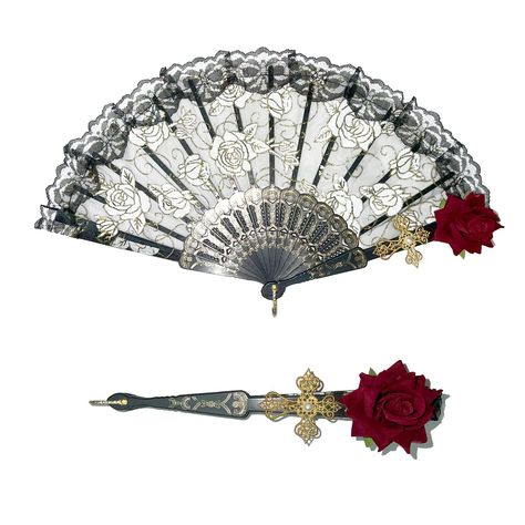 PRICES MAY VARY. folding fan Vintage Spanish Folding Fan Flamenco Rose Flower Lace Dacing Spain Flower Hand Fan for Women Party Wedding Gift Vogue, Vintage, Accessories, Goth, Vintage Lace, Goth Accessories, Gothic Accessories, Vintage Gothic, Fan Accessories