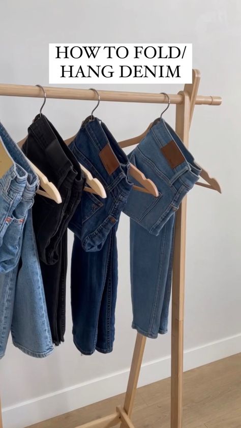 How to hang/fold your denim or a beautiful, organized, aesthetic look. Makes it easy to see what you have without tearing apart a folded stack + it give a high end feel to your closet! Denim, Jeans, Jeans Hanging Ideas, Denim Display, Jean Organization, Jean Hanging Ideas, How To Fold Jeans, Folding Jeans, Folding Clothes