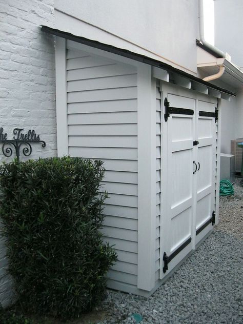 This small shed provides extra storage along the side of the house without encroaching on yard space. #shed #outdoor #organizedhome Shed Plans, Shed Storage, Garage Doors, Shed Design, Small Sheds, Backyard Storage Sheds, Outdoor Storage Sheds, Storage Shed, Backyard Sheds