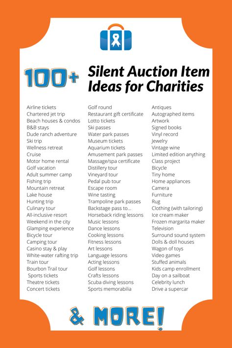 100 Silent Auction Item Ideas for Charities Golf, Silent Auction Donations, Silent Auction Fundraiser, Auction Donations, Silent Auction Display, Auction Items, Auction Fundraiser, Non Profit Fundraising Ideas, Auction Ideas