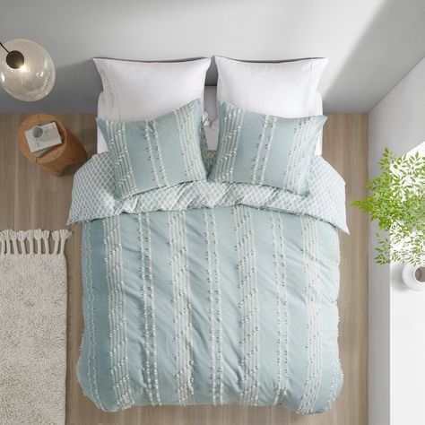 The INK+IVY Kara Cotton Jacquard Duvet Cover Mini Set offers an eye-catching update to your bedroom decor. This duvet cover features a 100% cotton jacquard striped design on the face with a diamond print on the reverse. Ideas, Bedding, Aqua, Ink, Design, Devon, Queen, Duvet Covers And Sets, Bedding Set
