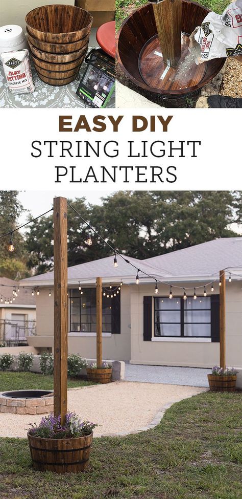 DIY String Light Planters Outdoor, Decks, Diy Outdoor Lighting, Outdoor Diy Projects, Diy String Lights, Diy Outdoor Space, Backyard String Lights, Diy Outdoor Decor, String Lights Outdoor