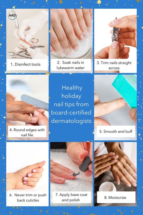 1. Disinfect tools 2. Soak nails in lukewarm water 3. Trim nails straight across 4. Rounds edges with nail file 5. Smooth and buff 6. Never trim or push back cuticles 7. Apply base coat and polish 8. Moisturize Queen, Nail Care Tips, Nail Care Routine, Dry Nails, Toe Nail Clippers, Gel, Nail Tech, Trim Nails, Nail Tips