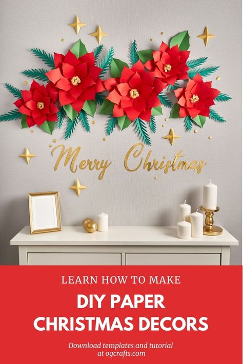 Learn how to make these gorgeous giant paper poinsettias for Christmas wall decoration. Watch my video tutorial and download SVG / PDF templates to learn how you can make it! #diypaperflowers #christmasdecorideas #christmaspapercrafts #ogcrafts Christmas Crafts, Crafts, Diy, Decoration, Paper Christmas Tree, Paper Christmas Decorations, Christmas Paper Crafts, Christmas Paper Craft, Christmas Paper