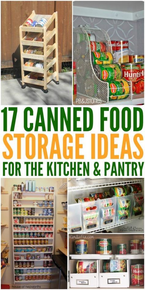 17 Canned Food Storage Ideas to Organize Your Pantry Food Storage Ideas Pantries, Canned Good Storage, Kitchen Pantries Diy, Diy Food Storage, Food Pantry Organizing, Food Storage Shelves, Food Storage Cabinet, Diy Pantry Organization, Food Storage Organization