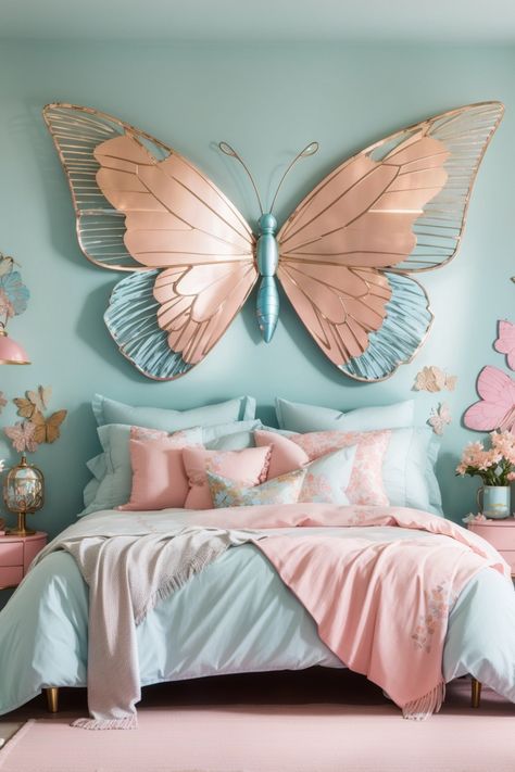 Butterfly wall art majestically transforms this bedroom into a whimsical retreat. The metal butterfly wall art, with its resplendent coppery-pink wings and intricate design, commands attention as it appears to take flight above the bed. The harmonious blend of teal and blush pink in the room, coupled with matching butterfly and floral decorations, create a dreamy and inviting atmosphere. Butterfly Themed Bedroom Ideas, Butterfly Bedroom Decor, Butterfly Themed Bedroom, Butterfly Bedroom Ideas Kids, Butterfly Room Decor, Butterfly Bedroom Ideas, Teal And Pink Girls Bedroom, Butterfly Room Decor Bedroom Ideas, Butterfly Theme Room