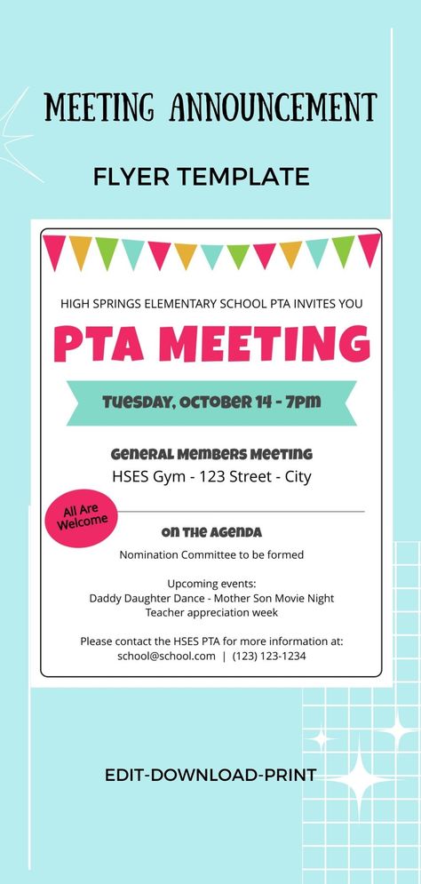 Meeting Announcement Flyer Template, Edit yourself, Great for PTA, PTO, PTSA, or other school/organization meetings, Easy to use Template Announcement, Pta Meeting, Pto Meeting, Meeting, School Organization, Flyers, Ads, Flyer, Post Ad