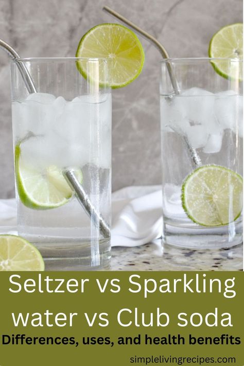 One cup of seltzer water next to one cup of sparkling mineral water, both with ice and garnished with lime wheel. Smoothies, Pop, People, Seltzer Water Benefits, Seltzer Water, Sparkling Water Benefits, Tonic Water, Sparkling Water Drinks, Water Recipes