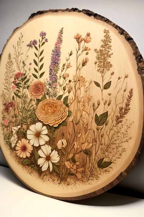 a wood slice with a bunch of wildflowers wood burned on it and painted in with pencil crayon and watercolor paint. Crafts, Wood Burning Crafts, Wood Burning Art, Wood Burning Patterns, Woodburning Projects, Wood Slices, Wood Art Projects, Wood Burning Techniques, Wood Burning Tips