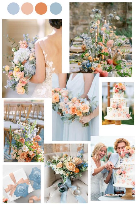Blue Peach Wedding, Blue Orange Weddings, Peach Wedding Theme, Peach Wedding Colors, Wedding Color Schemes Summer, Pastel Wedding Theme, Wedding Theme Color Schemes, Orange Wedding Themes, Wedding Color Schemes Spring
