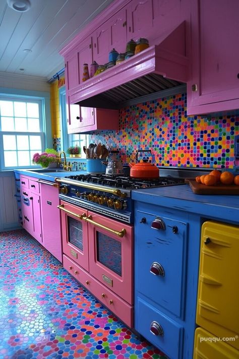 kitschy-kitchen-aesthetic- Home Décor, Design, Kitchen Ideas, Interior, Decoration, Quirky Kitchen, Funky Kitchen Ideas, Kitchen Decor, Rainbow Kitchen