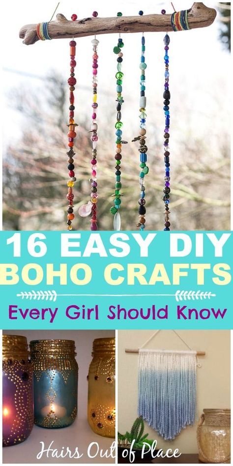 16 easy DIY boho crafts every girl should know about! DIY bohemian crafts are the perfect inexpensive way to decorate your bedroom, apartment or dorm. There's tons of ideas for macrame, wall hangings, candles, and so many more boho craft ideas! #boho #bohostyle #bohemian #diycrafts #bohocrafts #hippiegirl #bedrooms #dormrooms