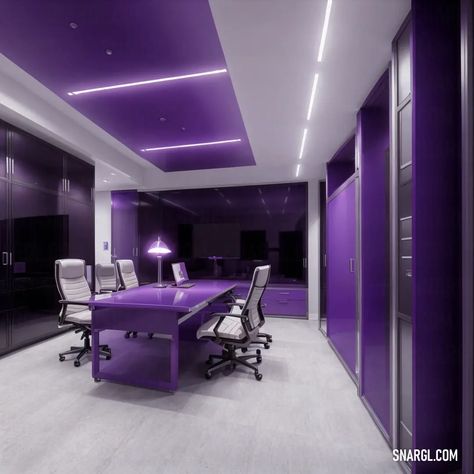 Purple office with a purple desk and chairs in it and a purple cabinet and a purple lamp on the wall. Colors, Dark slate blue. Aesthetic AI generated interior designs. Follow us and visit our site for more amazing content! #Colors #design #texture #lamp #creative #boho #diningroom #minimalist #photo #aesthetic #homedecor #unique #purple #digitalart #illustration Architecture, Office Interior Design, Interior, Design, Purple Office Ideas, Purple Office Decor, Office Desk Decor, Purple Office, Office Design Inspo