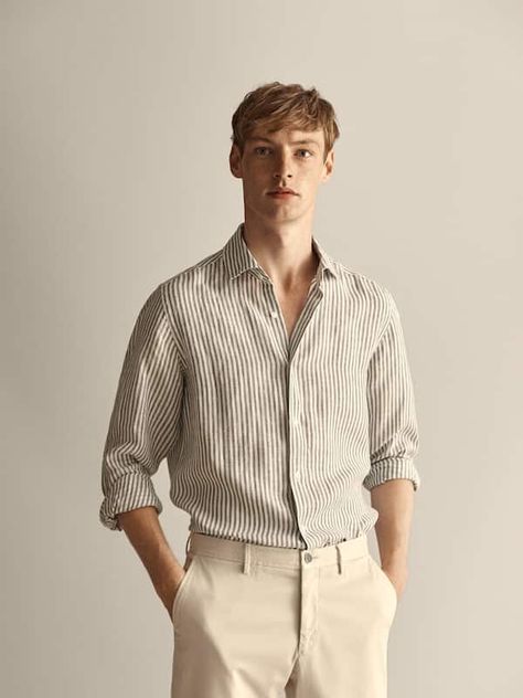 SLIM FIT STRIPED 100% LINEN SHIRT - Men - Massimo Dutti Menswear, Stylish Men, Fitness, Men Casual, Giyim, Men Formal, Mens Outfits, Poses, Outfit