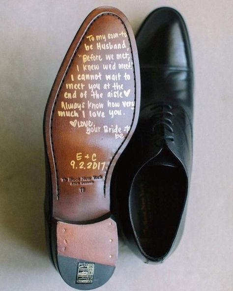 Message from bride to groom on bottom of his shoe #lovenote #shoe #message #weddingday #wedding #bride #iloveyou #shoes #weddingshoes #groom #groomsshoes Wedding Planning, Dream Wedding, Here Comes The Bride, Future Wedding Plans, Wedding Goals, Our Wedding, Perfect Wedding, Wedding Tips, Future Wedding