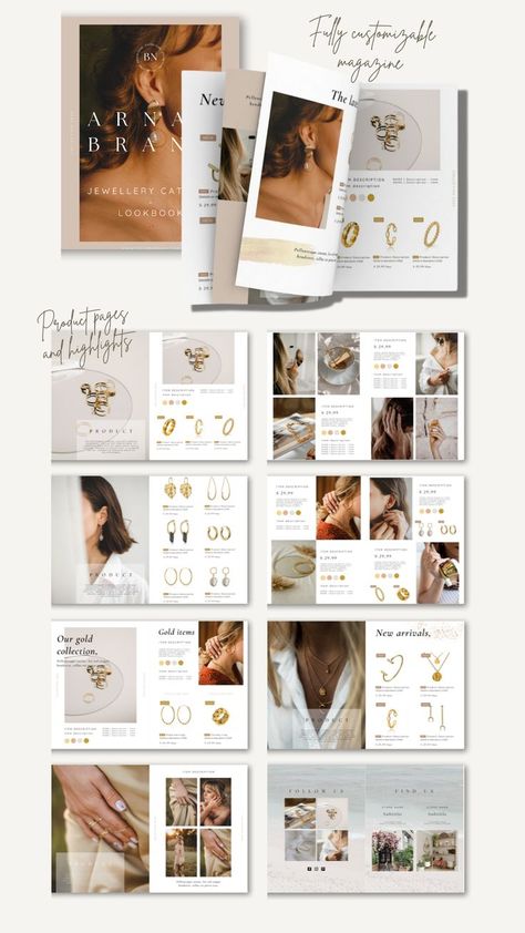 Jewellery Product Catalog Template - Editable Wholesale Lookbook Canva - A4 Product Brochure, Line Sheet - Instant Download Design, Web Design, Product Catalog Template, Jewelry Website Design, Product Catalog Design, Catalog Design Layout, Product Catalogue, Magazine Layout Design, Brochure Design Layouts