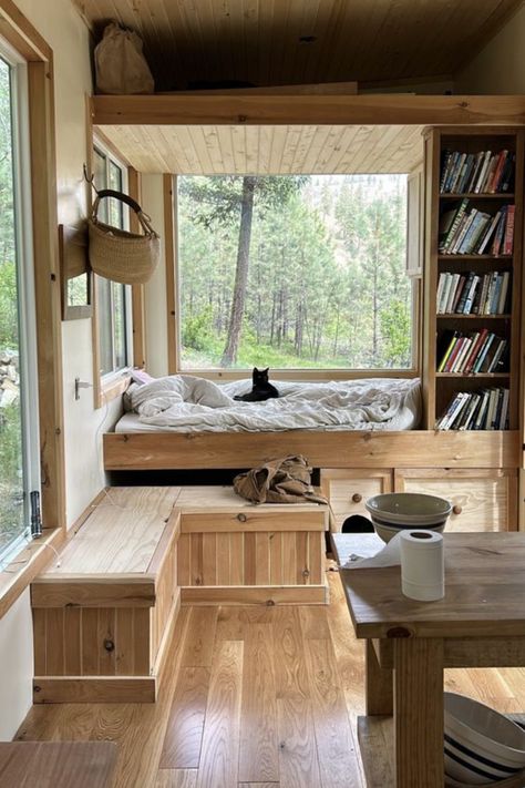 Discover the magic of minimalism with this beautifully crafted tiny home space. Natural wood aesthetics combined with smart storage solutions make it the perfect retreat. Wake up to serene forest views every day. #TinyHomeLiving #NatureLover #SpaceSaver #GoTinySpace House Design, Interior, Dekorasyon, Minis, Mini House, House, Haus, Tiny House, Dekorasi Rumah