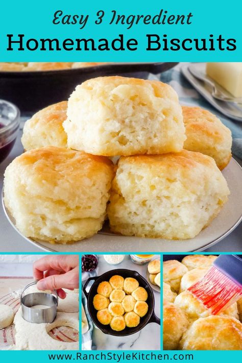These Easy Homemade Biscuits only have 3 simple ingredients and are the most fluffy, flaky, and deliciously buttery biscuits you will ever make from scratch! Pour my Country Cream Gravy on top for the perfect Southern breakfast! Snacks, Thanksgiving, Biscuits, Muffin, Scones, Homemade Biscuits And Gravy, Old Fashioned Biscuit Recipe, Quick Biscuit Recipe, Best Homemade Biscuits