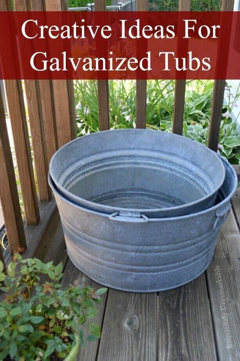 Galvanized tubs are all the rage. They come in many shapes and sizes and old or new, they can add a rustic farmhouse, old fashioned flair to your home and garden. How can you use galvanized tubs? Check out these super creative ideas. Outdoor, Galvanized Tub, Galvanized Buckets, Tubs, Wash Tubs, Outdoor Crafts, Tub Ideas, Garden Containers, Galvanized