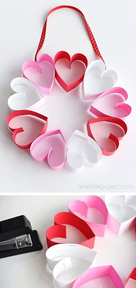 This stapled paper heart wreath is such a fun and EASY Valentine's Day craft to make with the kids! Seriously, who would have thought that making paper hearts would be so easy!? It's a great little wreath to hang on a bedroom door (or school classroom door?) and it makes a super cute and simple Valentine's decoration! Origami, Diy, Pre K, Paper Crafts, Crafts, Paper Flowers, Paper Hearts, Diy Valentines Crafts, Diy Valentines Decorations
