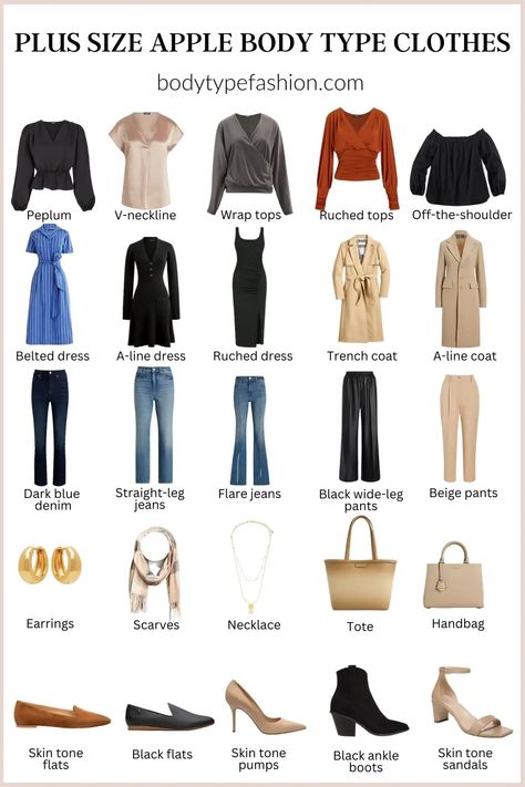 How to Dress Plus Size Apple Shape - Fashion for Your Body Type Casual, Outfits, Plus Size Outfits, Dressing Your Body Type, Plus Size Capsule Wardrobe, Capsule Wardrobe Work, Plus Size Body Shapes, Summer Outfits Curvy Body Types, Apple Shaped Body Outfits Plus Size