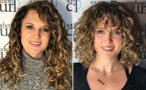 curly bang transformation Balayage, Medium Curly Haircuts With Bangs, Best Curly Haircuts, Curly Bangs, Thin Curly Hair, Curly Long Bangs, Haircuts For Curly Hair, Thick Hair Styles, Curly Hair Bangs