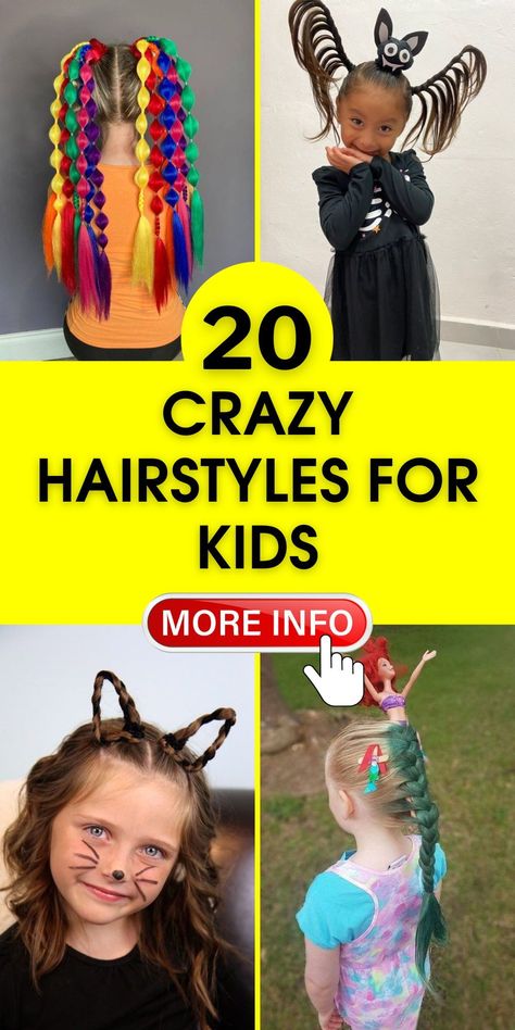 Need inspiration for crazy hairstyles for kids? Check out these easy and funky hairstyles that are perfect for any hair day, especially for hair day at school. Your kids will love these unique buns and twists. Inspiration, Costumes, Halloween, Ideas, Art, Up Dos, Wacky Hairstyles, Kids Hairstyles, Crazy Hair For Kids