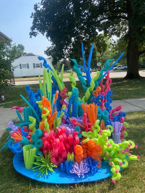 Pool Noodle Crafts, Hula Hoop Jellyfish, Diy Ocean Themed Party Decor, Beach Party Decorations Ocean Themes, Pool Noodle Under The Sea, Ocean Party Decorations, Ocean Pool Party, Under The Sea Outdoor Decorations, Diy Coral Reef Decorations Under The Sea