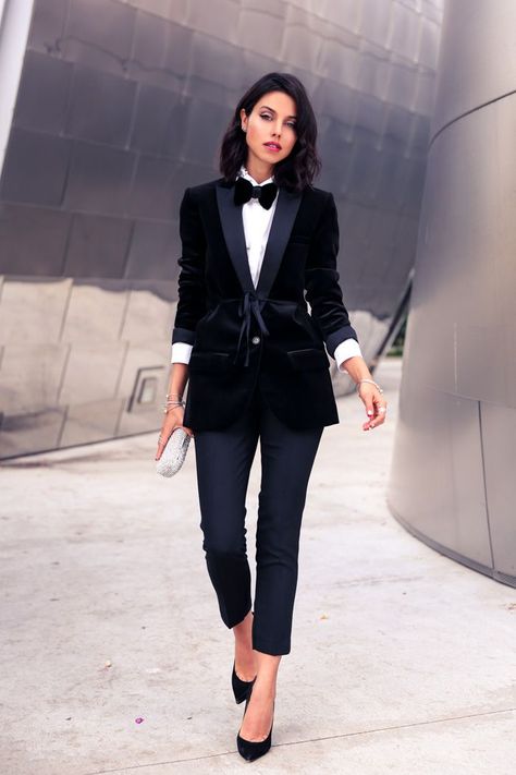 Women's Black Velvet Bow-tie, White Dress Shirt, Black Velvet Blazer, White Embellished Clutch, Black Skinny Pants, and Black Suede Pumps Jeans, Suits, Womens Fashion, Outfits, Suits For Women, Work Outfit, Outfit Ideas, Style, Outfit