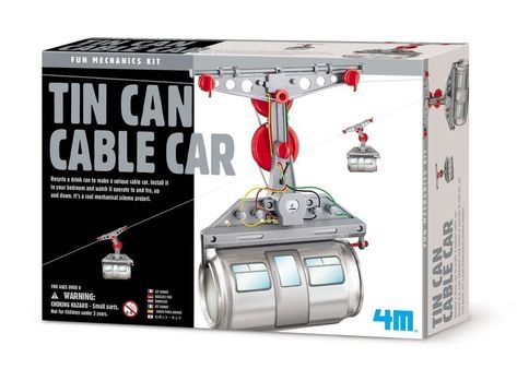 A tin can cable car that will have you inventing a new commute to work in no time. Recycling, Toys, Aluminum Can, Car Battery, Tin Can, Toy, Aaa Batteries, Tin, Screwdriver