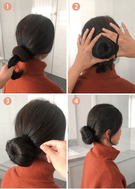 how to use a hair donut to create a sleek low bun // low bun tutorial by Extra Petite fashion blog Easy Bun Hairstyles, Bun Hairstyles For Long Hair, Hairstyles For Thin Hair, Hair Donut, Hair Hacks, Donut Bun Hairstyles, Curly Hair Styles, Low Bun Tutorials, Thick Hair Styles