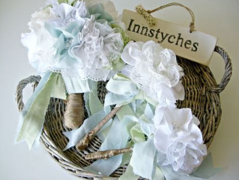 shabby chic fabric bouquets great for a destination wedding in France Diy, Vintage Shabby Chic, Lace Bouquet, Fabric Bouquet, Fabric Flower Bouquet, French Wedding Style, Shabby Chic Fabric, Burlap Lace, France Wedding