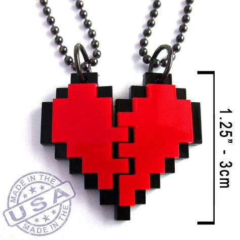 "This BFF Heart Necklace Set makes a perfect gift to share! Grab your best friend and make a whole pixel heart! ★ Each Pixel Pendant is made of laser cut red and black acrylic for you and your friend to share. ★ Long 30\" gunmetal ball chain slips right over your neck! No need to worry about tiny or big hands working jewelry clasps! ★ These simple 8 bit life heart BFF friendship necklace pendants measures 1.25\" a piece from top to bottom. Express your gamer love for each other! Let the power of Friend Necklaces, Friendship Necklaces, Best Friend Necklaces, Heart Chain, Heart Necklace, Jewelry Clasps, Necklace Lengths, Ball Chain, Gamer Gifts