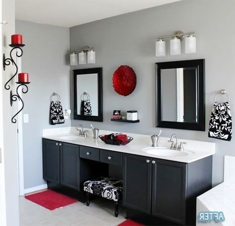 red and black bathroom design - Yahoo Image Search Results Red Bathroom Decor, Black Bathroom Decor, Best Bedroom Designs, White Wainscoting, Gray Bathroom Decor, Bad Set, Bathroom Transformation, White Bathroom Decor, Bad Inspiration