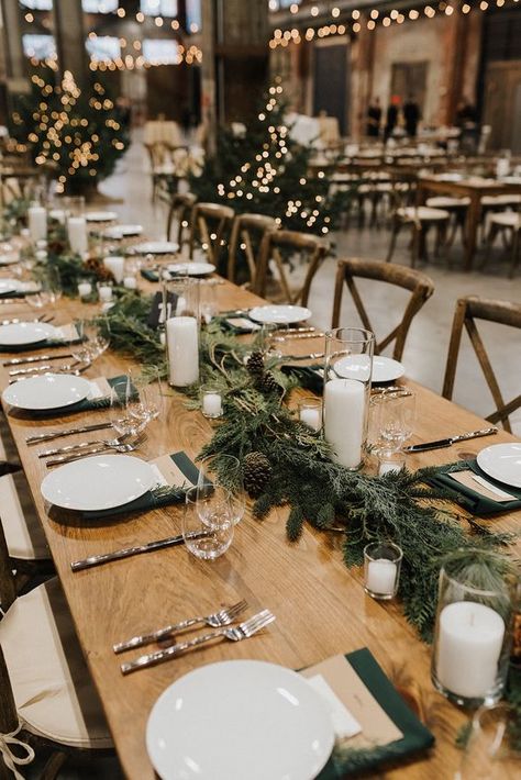 an evergreen and pinecone table garland with pillar candles is a lovely rustic decoration for a fall or winter wedding Wedding Decor, Winter Wedding Decorations, Winter Wedding Centerpieces, Winter Wedding Table, Winter Wedding Receptions, Rustic Winter Wedding, Winter Wedding Venues, Winter Wedding Colors, Winter Wedding