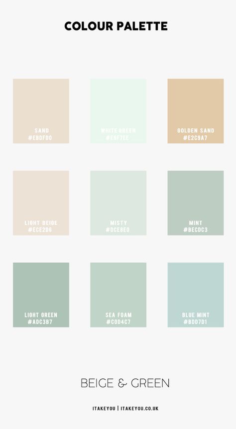 Light Green and Light Beige Bedroom – How To Use I Take You | Wedding Readings | Wedding Ideas | Wedding Dresses | Wedding Theme Mint Green Walls, Mint Green Rooms, Mint Green Bedrooms, Beige Color Palette, Mint Color Schemes, Green Color Schemes, Mint Green Bedroom, Light Mint Green, Mint Green Bedding
