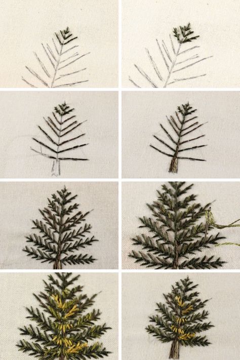 Here is a simple and easy method for embroidering a pine tree. Using a few basic stitches, you can create an embroidery that looks almost life-like. Crafts, Embroidery Patterns, Patchwork, Diy, Embroidery Stitches, Cross Stitch Embroidery, Hand Embroidery Patterns, Diy Embroidery Designs, Cross Stitch Tree