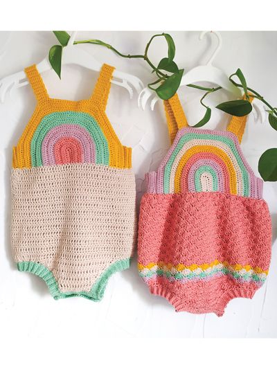 Rainbows represent hope and the promise of good things to come. Which is also what children represent. The Hope Romper is the perfect way to remind yourself of that when you look at your little one! Crochet, Crochet Romper, Crochet Baby Clothes, Crochet Dress Pattern, Knit Crochet, Crochet Clothes, Romper Pattern, Crochet Dress, Crochet Baby Patterns