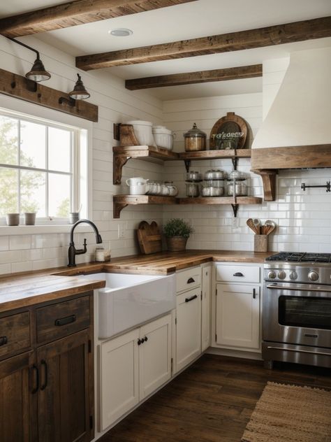 The Bold and Beautiful: Mediterranean Kitchen Inspiration | aulivin.com Home Décor, Home, Farmhouse Kitchen With Wood Cabinets, Farmhouse Countertops, Country Kitchen Ideas Farmhouse Style, Farmhouse Kitchen Island, Kitchen With Farmhouse Sink, Farmhouse Industrial Kitchen, Farmhouse Style Kitchen