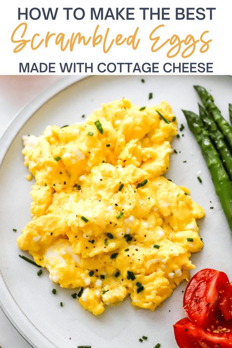 Add some cottage cheese to your scrambled eggs for a surprisingly delicious and flavorful protein-packed breakfast you are going to love. These cottage cheese eggs are the perfect quick breakfast to fuel you through your morning. 28 grams of protein per serving! Healthy Recipes, Scrambled Eggs, Scrambled Eggs With Cheese, Scrambled Eggs Recipe, Best Scrambled Eggs, Cottage Cheese Eggs, Cheese Eggs Recipe, Cottage Cheese Breakfast, Cottage Cheese Recipes Breakfast